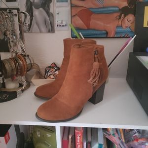 Brown suede chunky heel booties